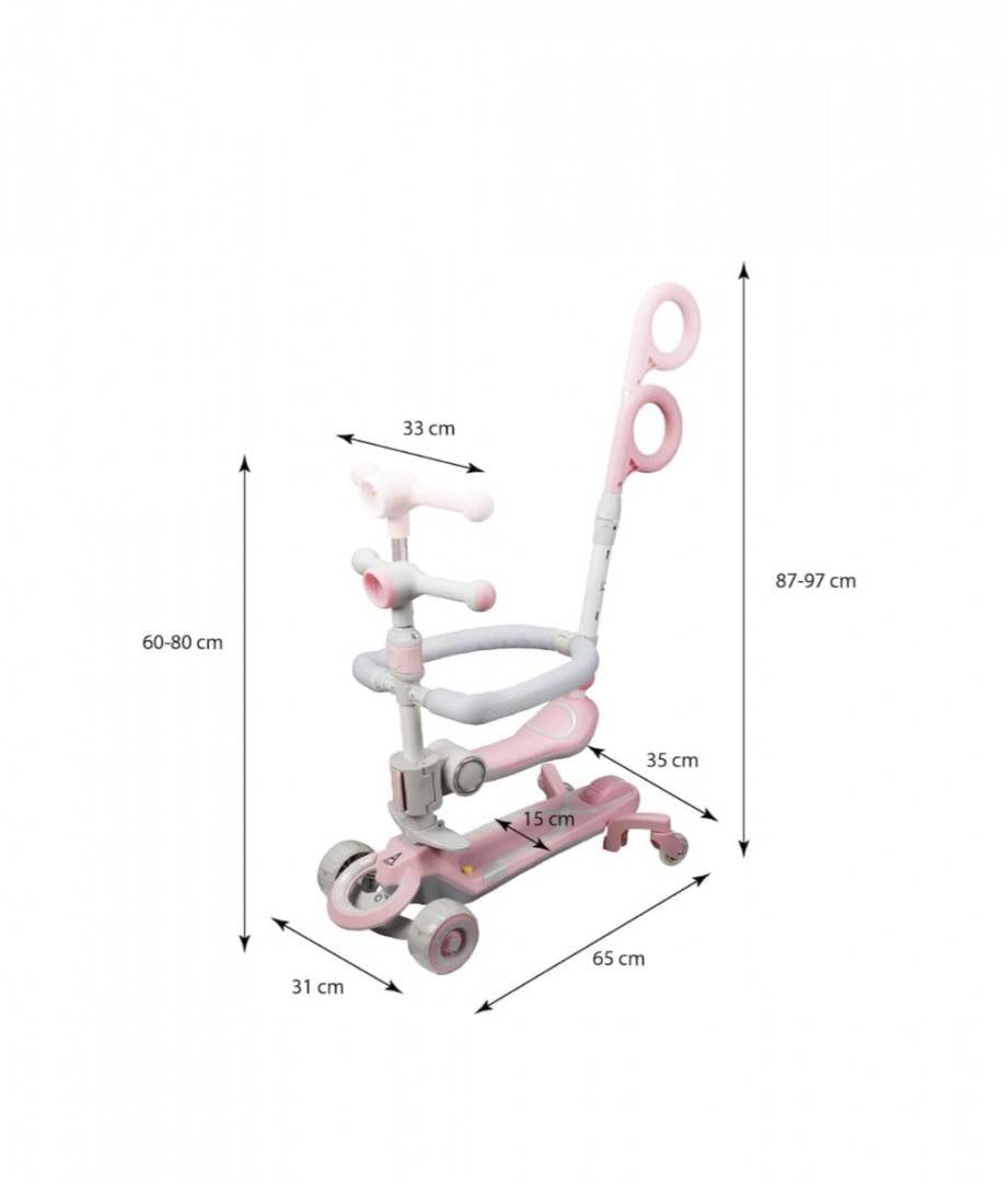 Trotineta pentru copii, 7 in 1 cu scaun, protectii laterale, maner de impins, limina frontala, roti luminoase si ghidon regla